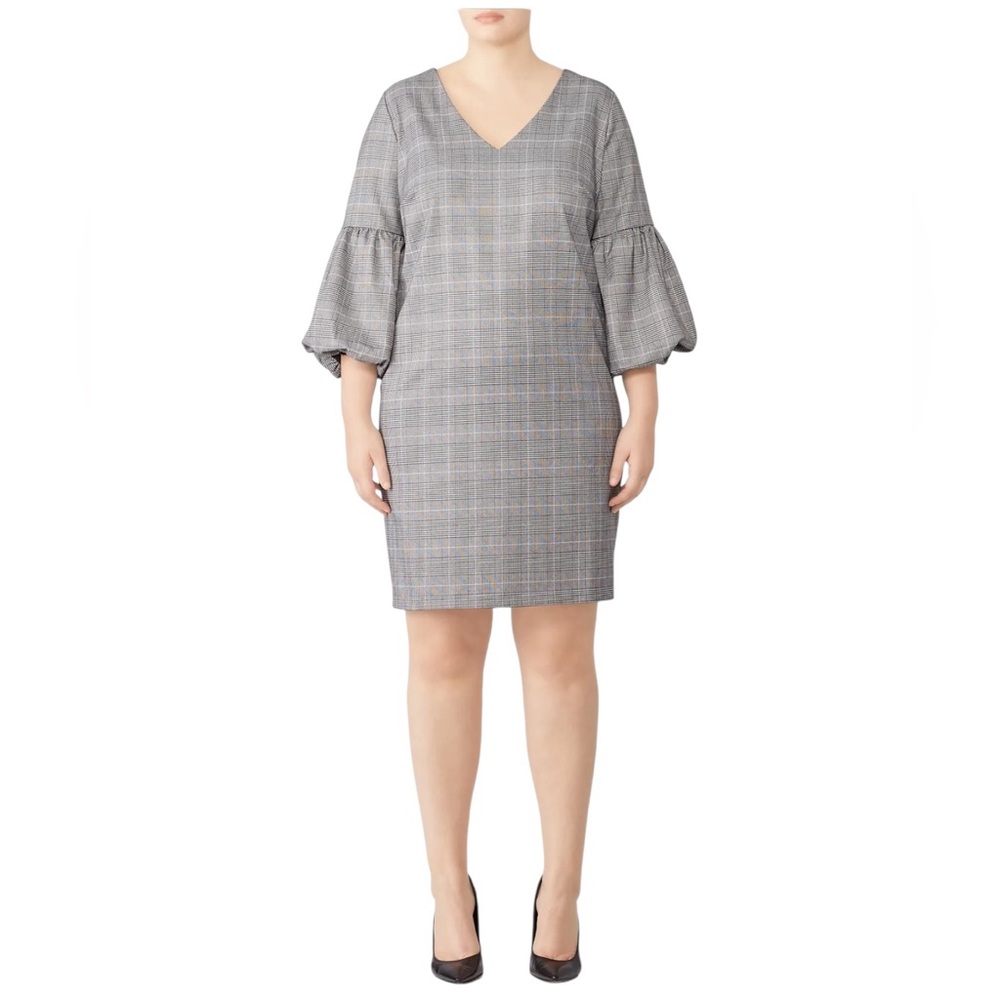 Eloquii Balloon Sleeve Office  Black White Plaid V-neck Careerwear Dress 16